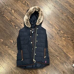 Like new Joules girls vest. Navy with brown trim. Fur lined hood